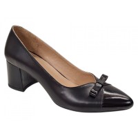 Pantofi eleganți damă negri din piele naturală, cu vârf lăcuit, fundă și toc gros KN1N